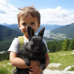 Black rabbit and kid in mountain